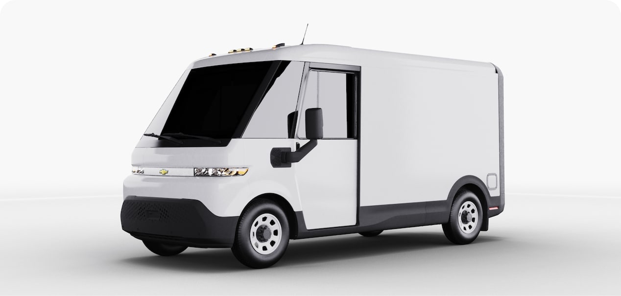 Front-side view of the 2025 Chevrolet BrightDrop 400 EV van.