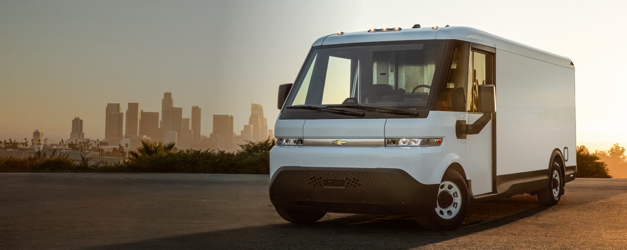 Front-side view of the 2025 Chevrolet BrightDrop EV van parked outdoors.