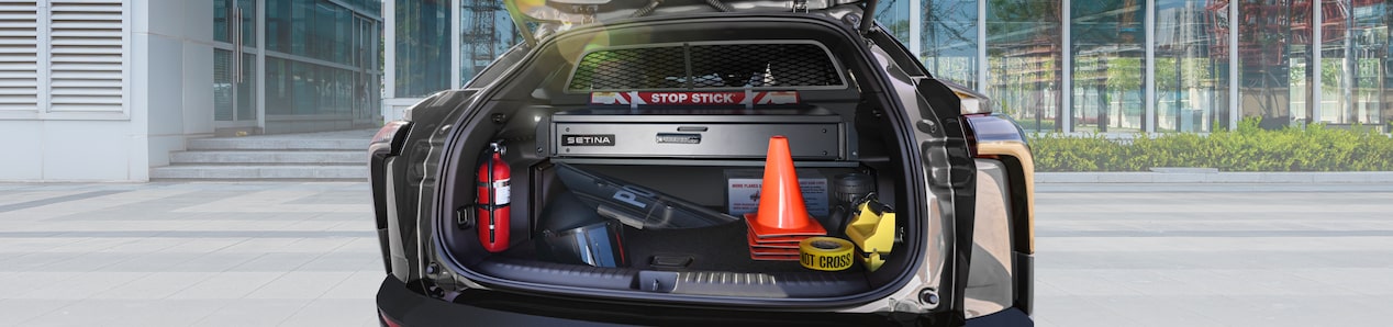 Opened trunk with objects inside of the GM Blazer EV PPV.