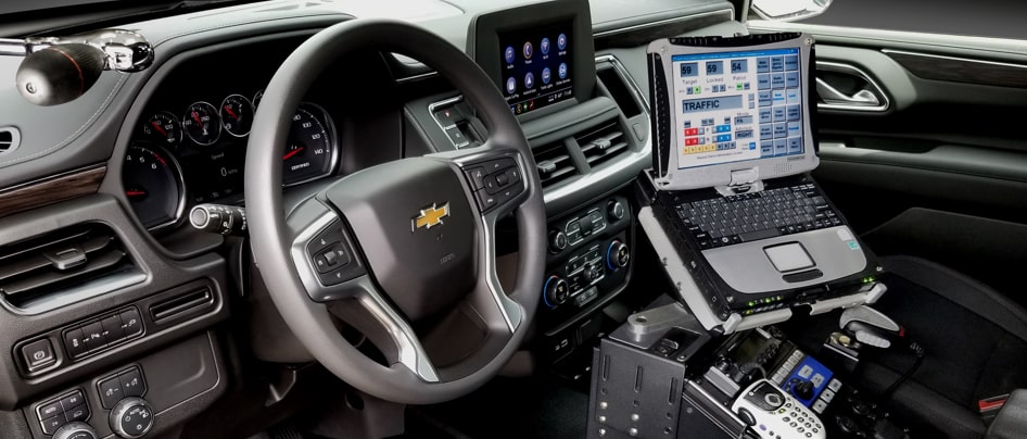 Interior features of the Chevrolet police vehicle.