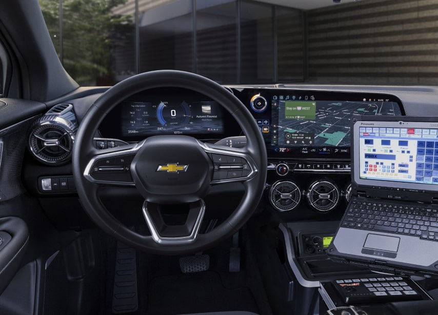 Driver's perspective of the interiors of the GM Envolve Chevrolet Blazer EV PPV.