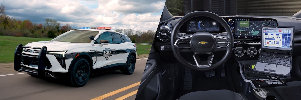 Two images showing Chevrolet Blazer EV PPV driving on the road to the left and its interiors on the right side.