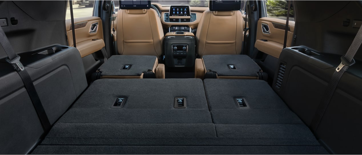 Back view of the spacious cargo volume of the 2024 Chevrolet Tahoe.