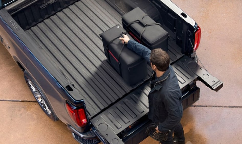 The folding Multi-Flex tailgate of a GM Envolve vehicle.