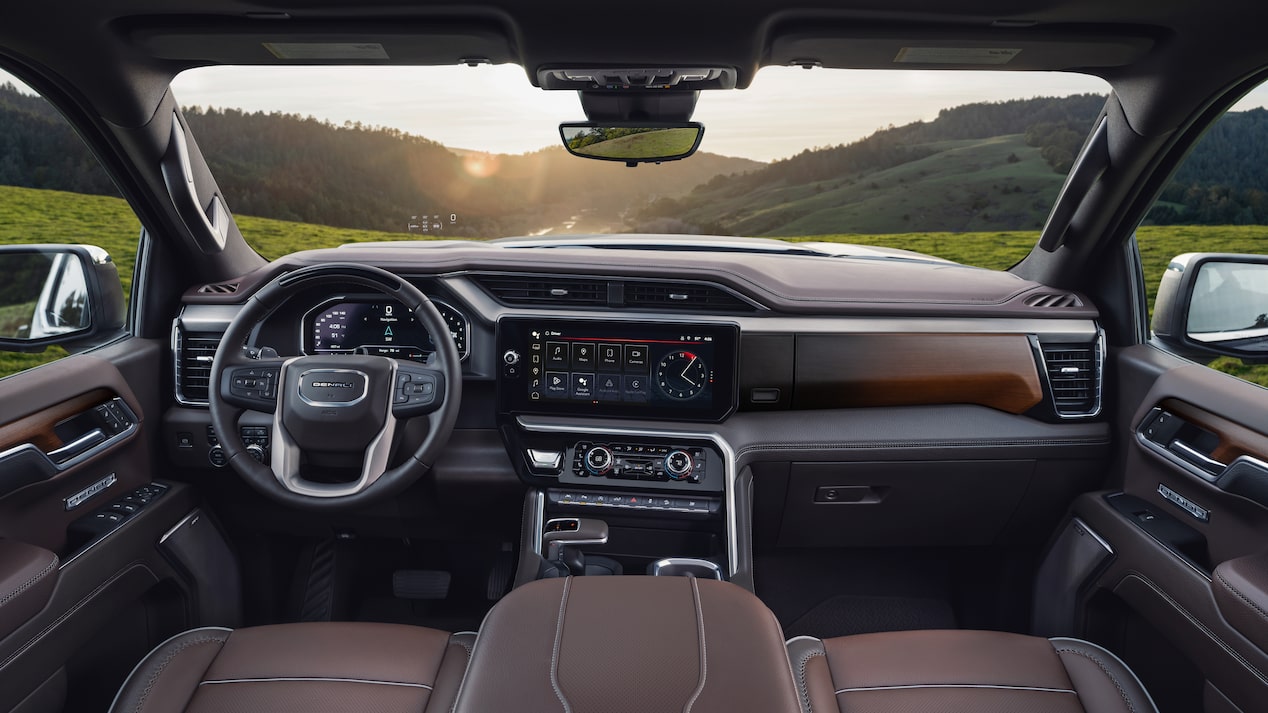 Driver's perspective of the interiors of the 2024 GMC Sierra 1500.