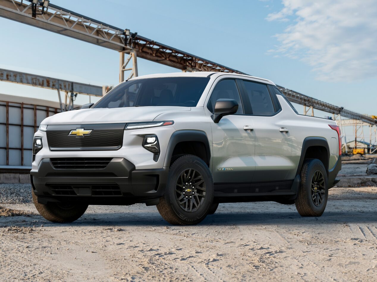 A Chevrolet Silverado Electric Truck Parked Outside at a Job Site