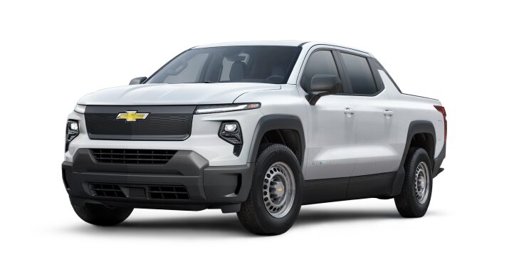 An exterior left facing jellybean shot of the Summit White 2024  Silverado EV with 2 WT.