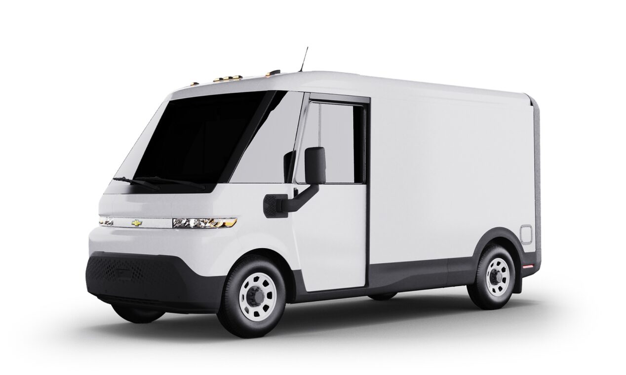 A white, unbranded Brightdrop 400 electric van