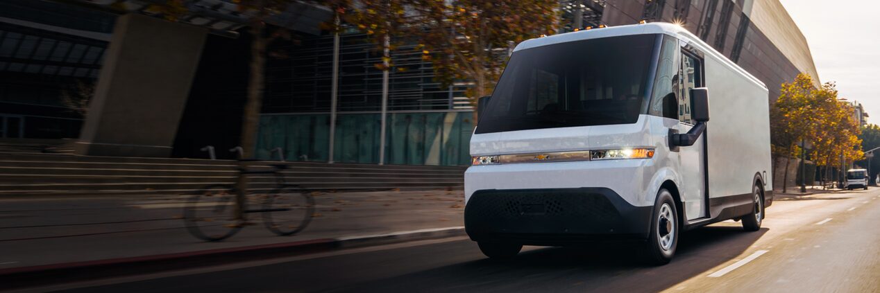 A 2025 Chevrolet Brightdrop driving down a city street