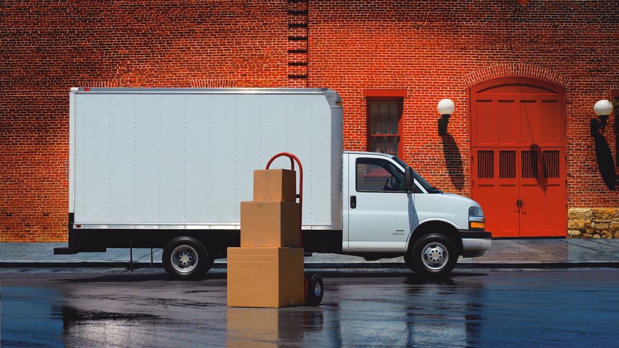 Delivery truck with boxes in front