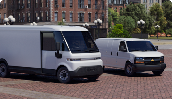 Lineup of the Chevrolet Express Passenger Van and BrightDrop Zevo Delivery Vehicle