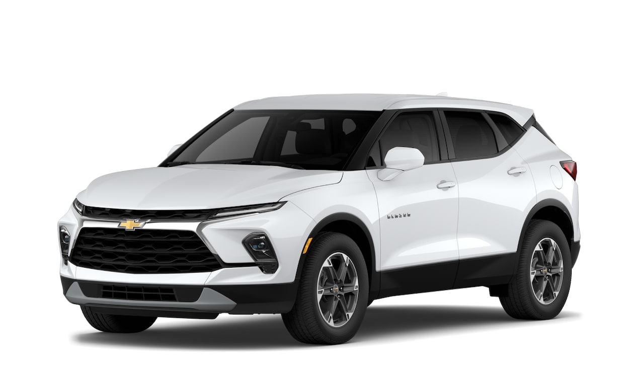 A three-quarter shot of a white 2024 Chevrolet Blazer