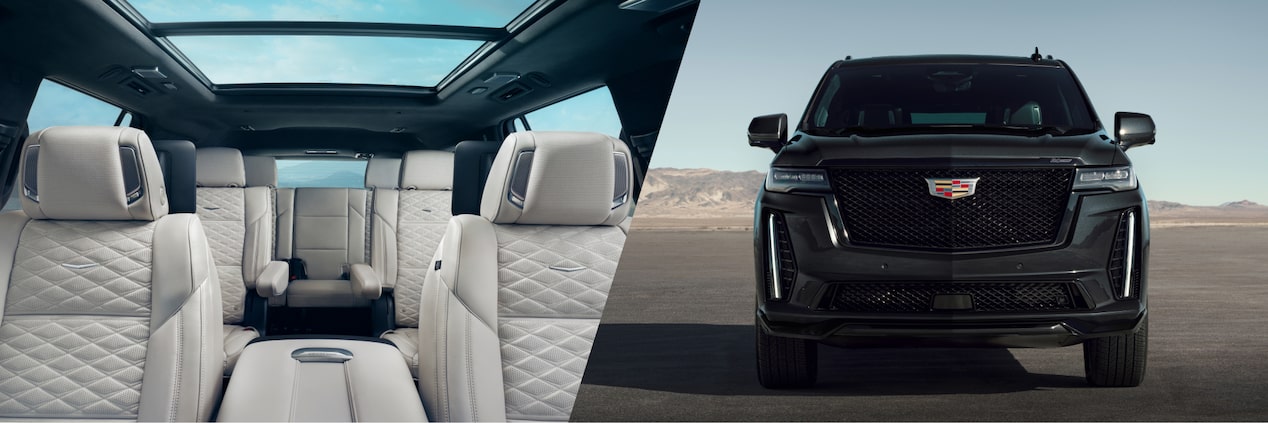 A right leaning diagonal line divides an interior back-facing view of the seating arrangements for the 2024 Cadillac Escalade split against an exterior front-facing view of the 2024 Cadillac Escalade