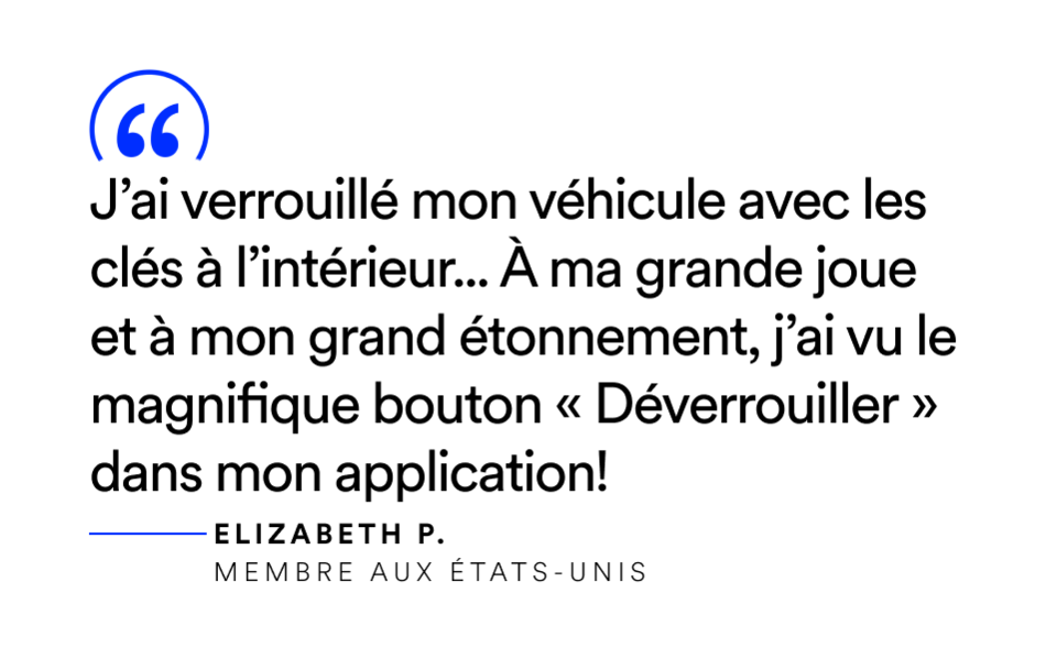 Une citation d’une membre d’OnStar au sujet du bouton de déverrouillage de l’application mobile OnStar.